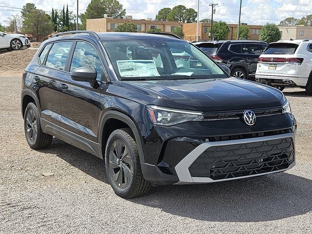 2025 Volkswagen Taos 1.5T S in Deep Black Pearl — front three-quarter view
