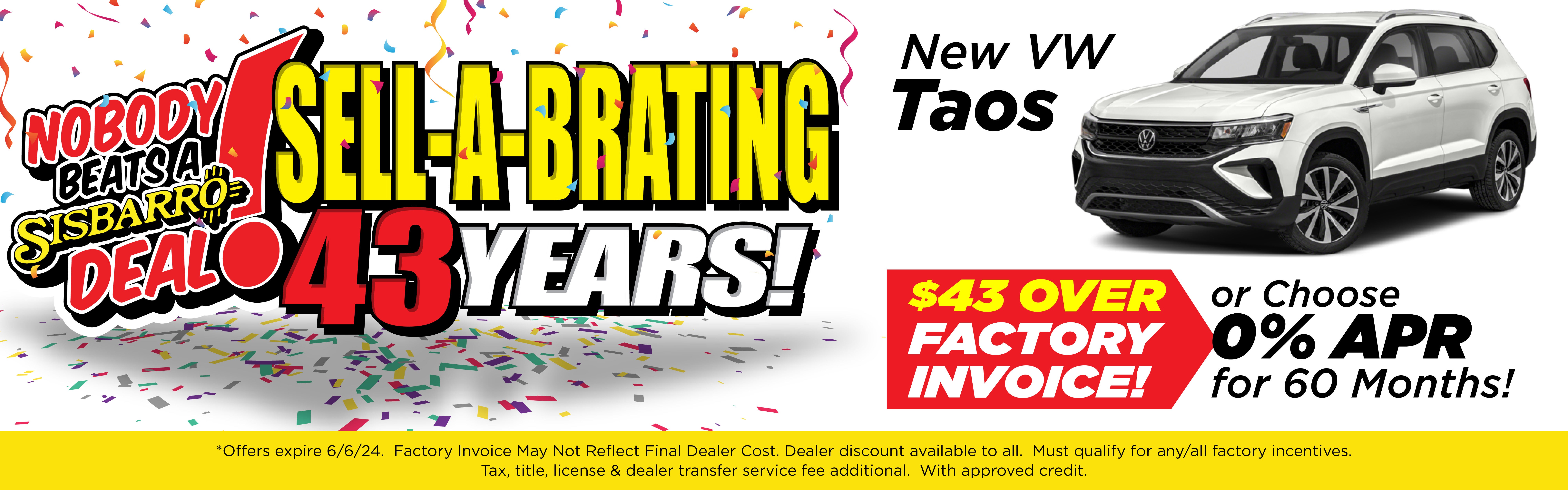 New VW Taos $43 Over Factory Invoice OR 0% APR 60 months